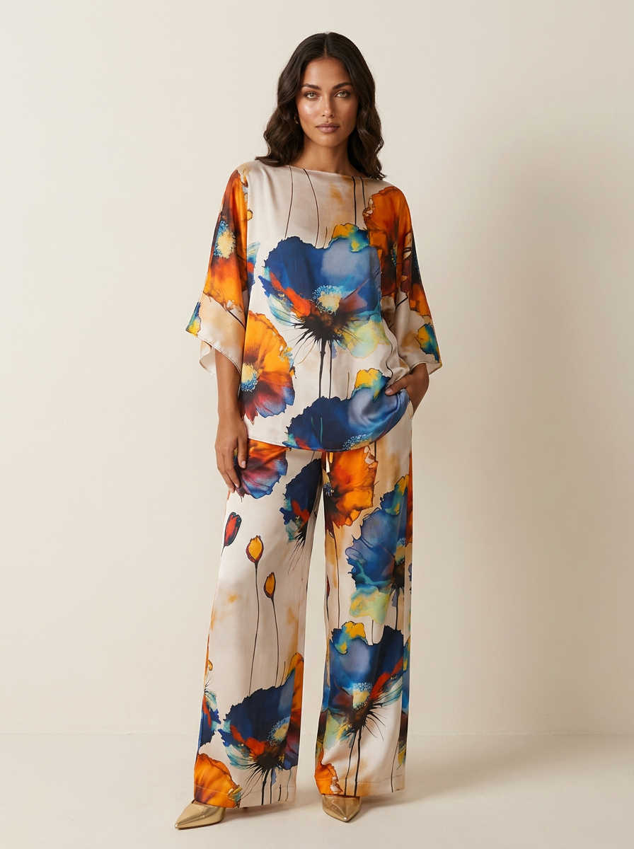 Tweedelige set met artistieke bloemenprint voor dames in blauw