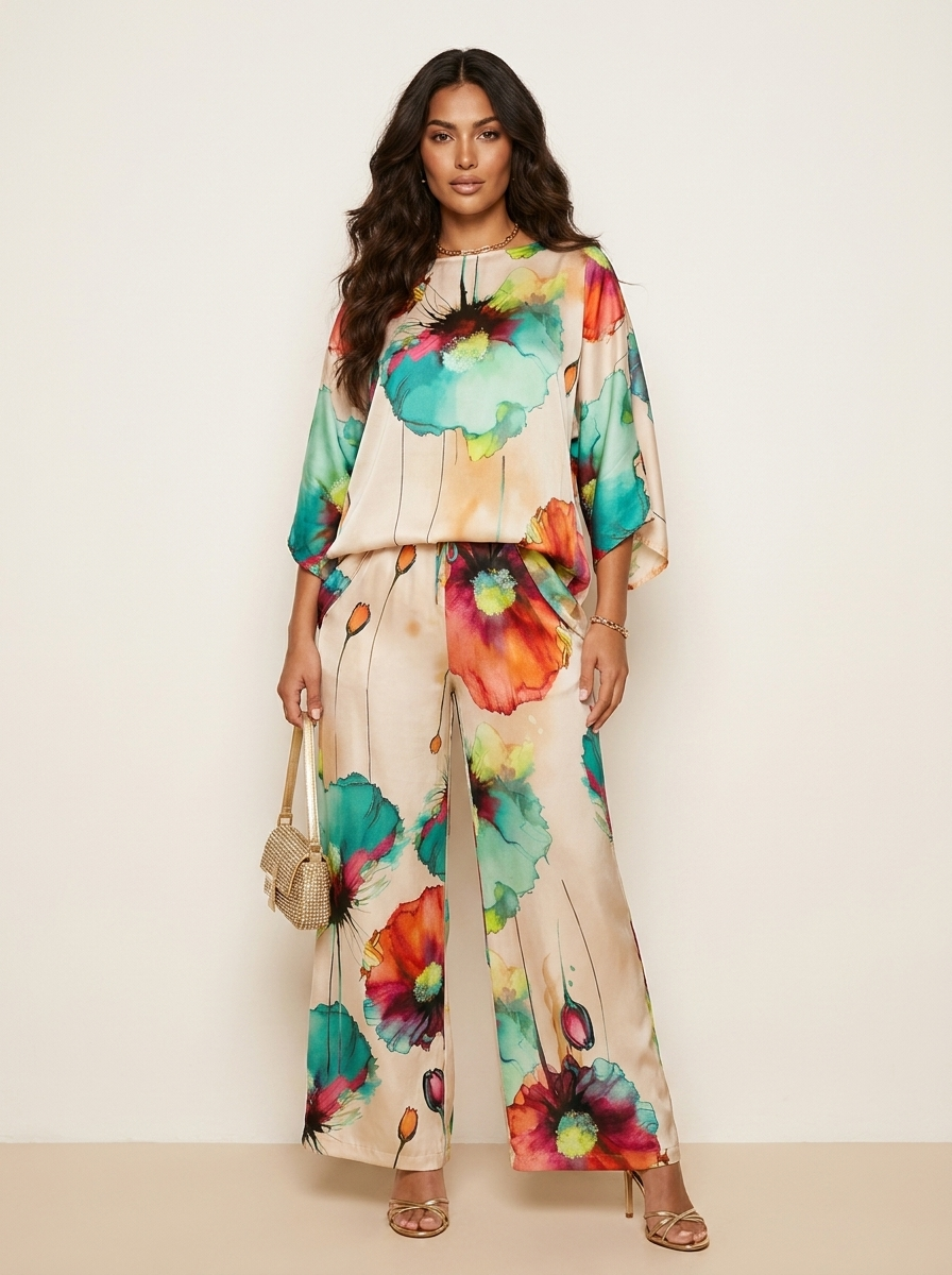 Tweedelige set met artistieke bloemenprint voor dames in groen