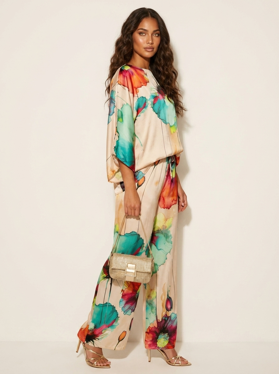Tweedelige set met artistieke bloemenprint voor dames