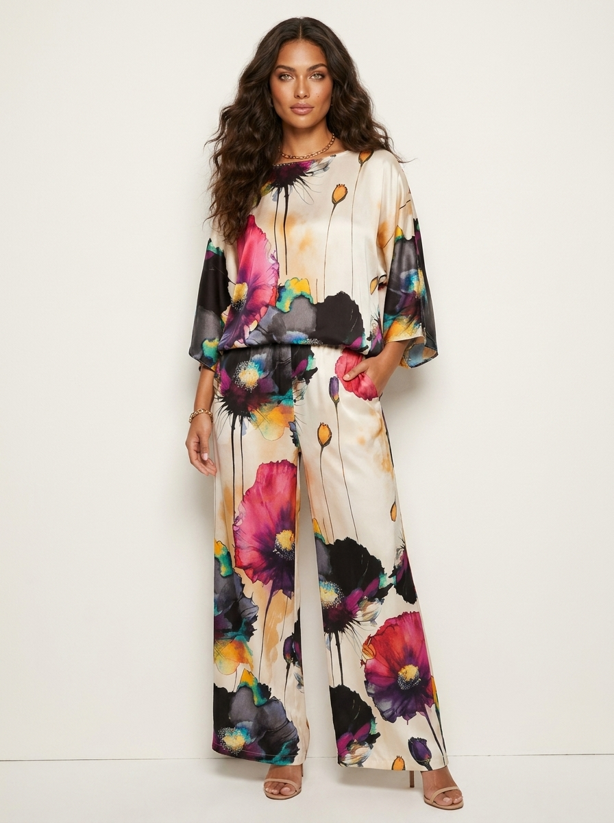Tweedelige set met artistieke bloemenprint voor dames in zwart