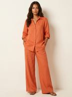 Tweedelige set met linnenlook en wijde broek voor dames in oranje