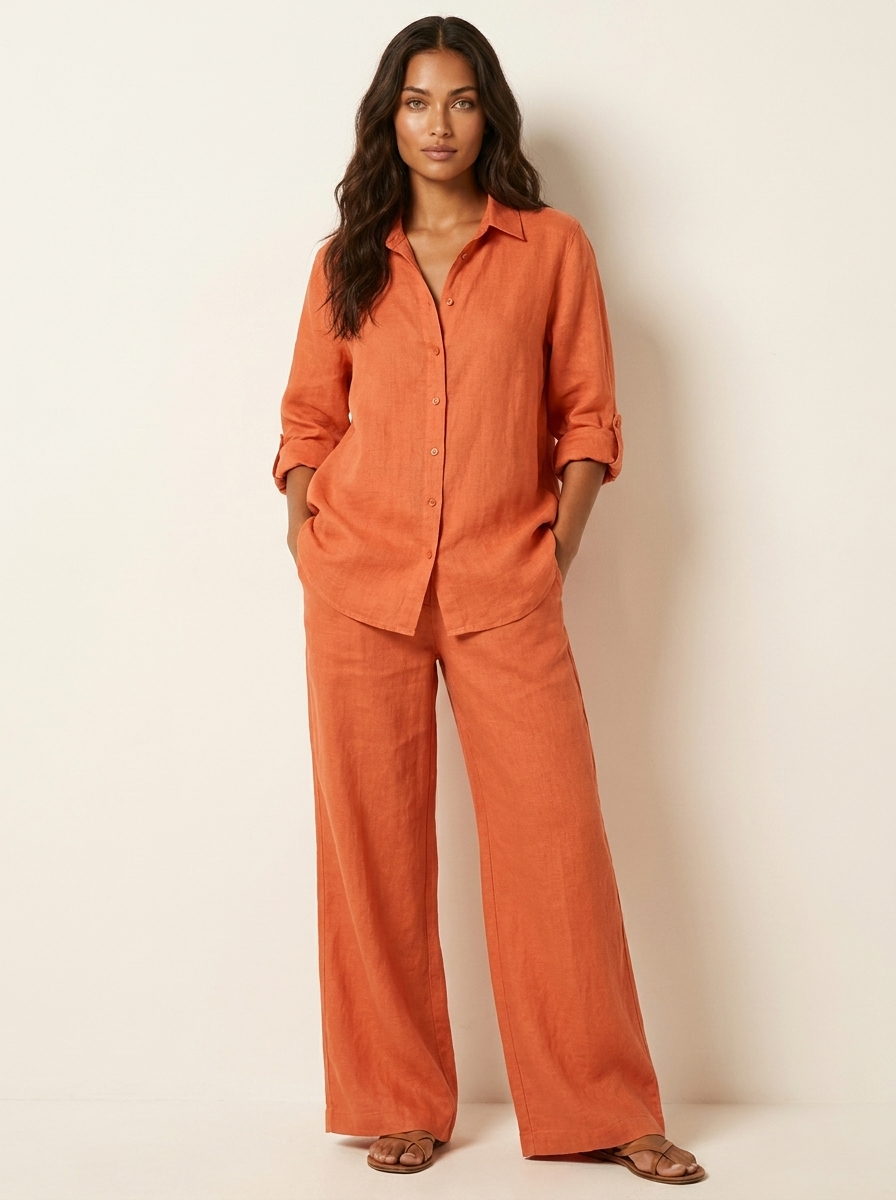 Tweedelige set met linnenlook en wijde broek voor dames in oranje