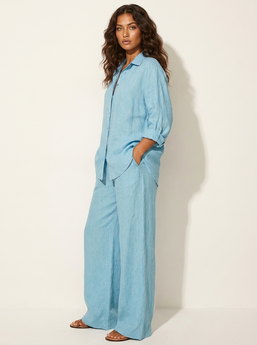 Tweedelige set met linnenlook en wijde broek voor dames