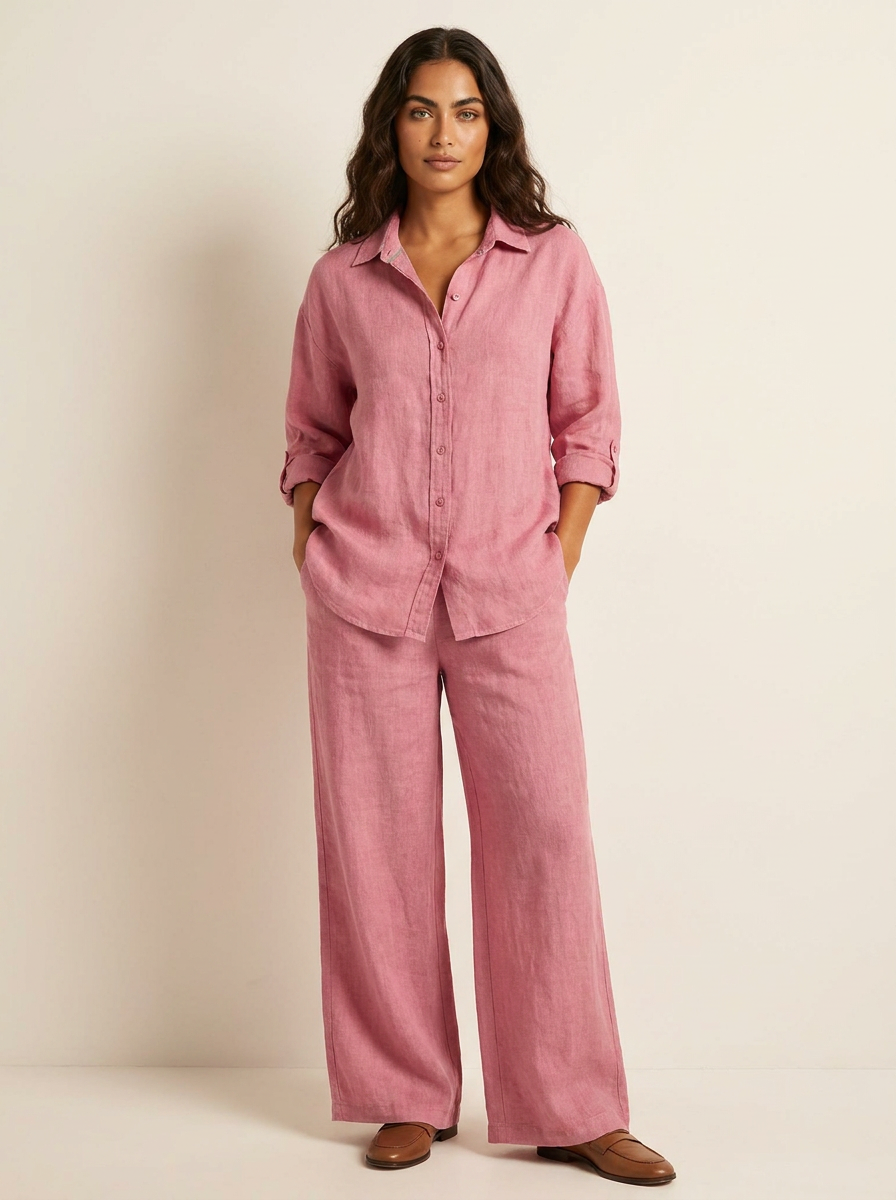 Tweedelige set met linnenlook en wijde broek voor dames in roze
