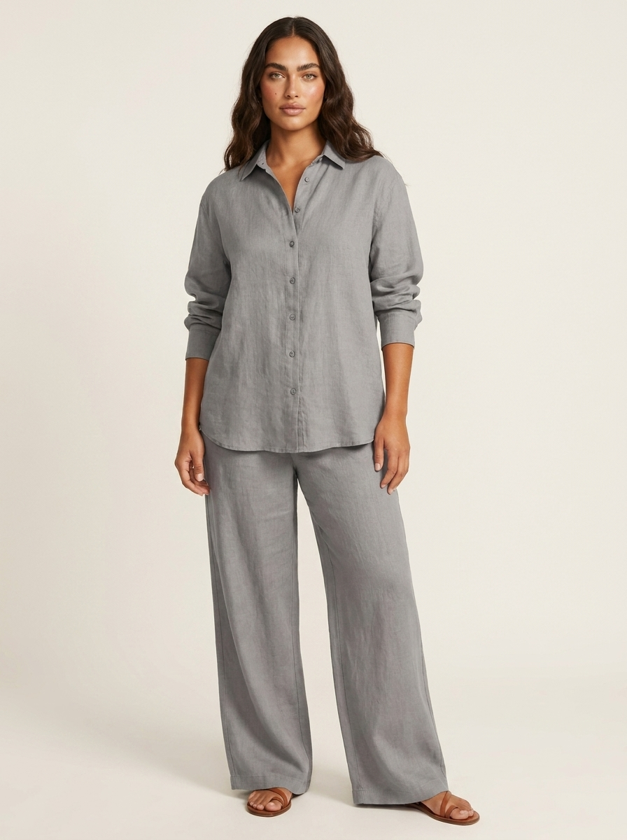 Tweedelige set met linnenlook en wijde broek voor dames in grijs