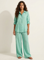 Tweedelige set met linnenlook en wijde broek voor dames in groen