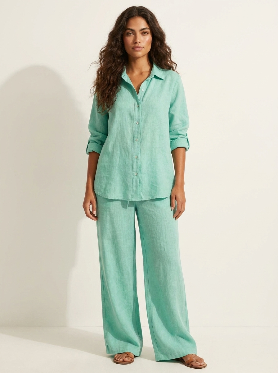 Tweedelige set met linnenlook en wijde broek voor dames in groen
