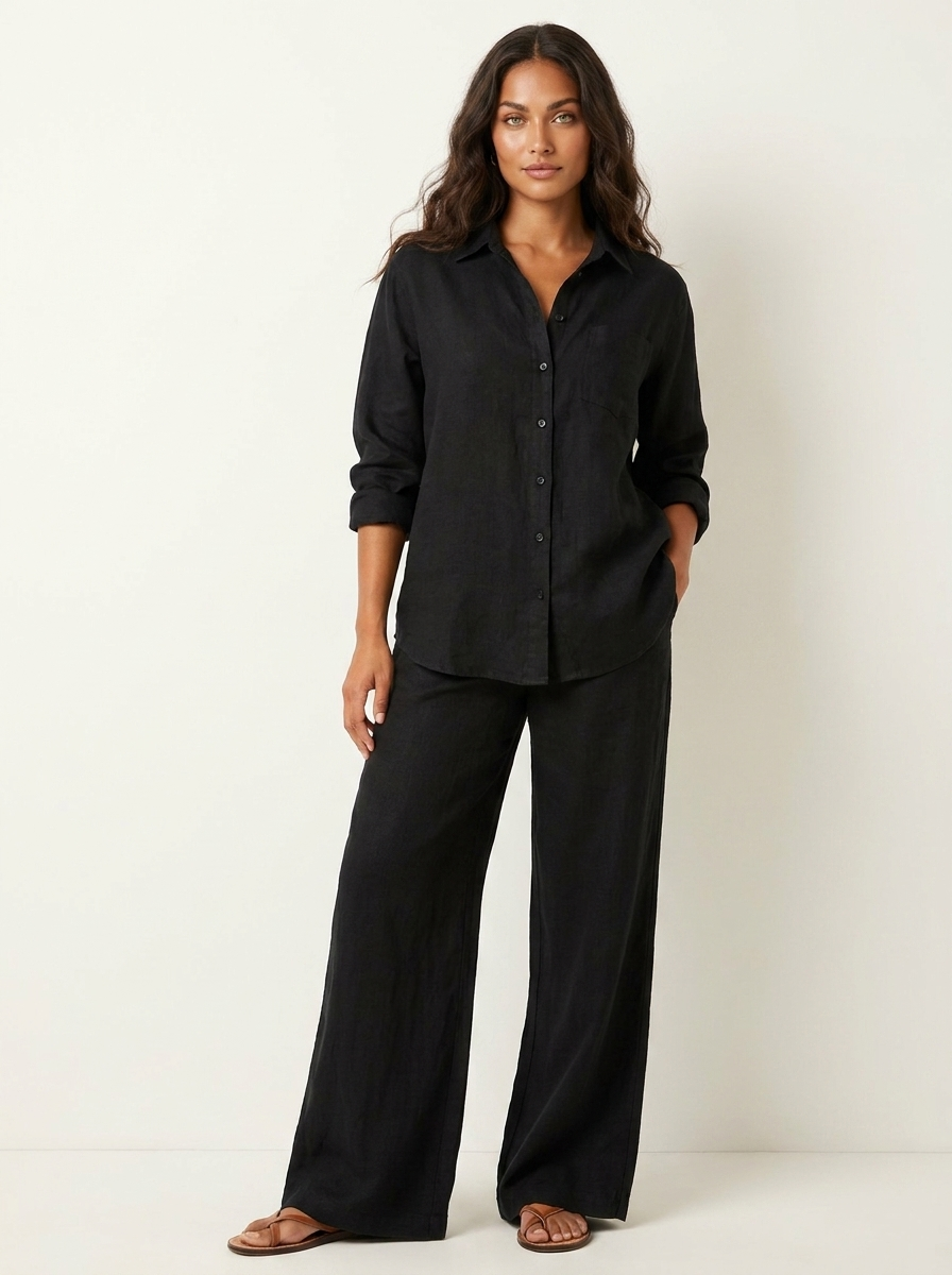Tweedelige set met linnenlook en wijde broek voor dames in zwart