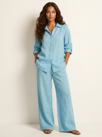 Tweedelige set met linnenlook en wijde broek voor dames in blauw