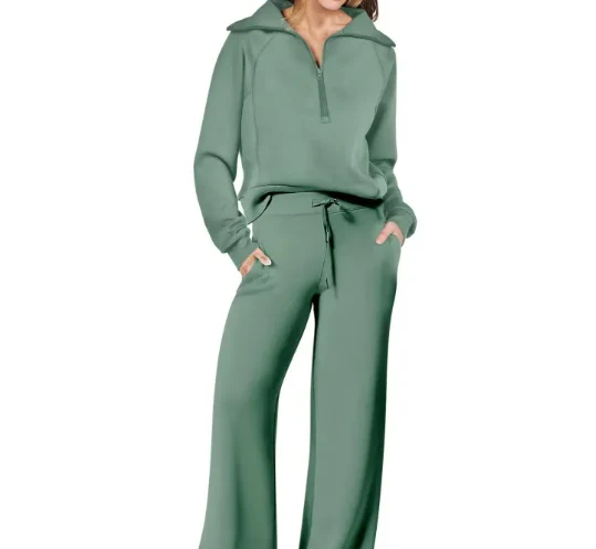 Tweedelige set met ritssluiting en wijde broek voor dames in groen