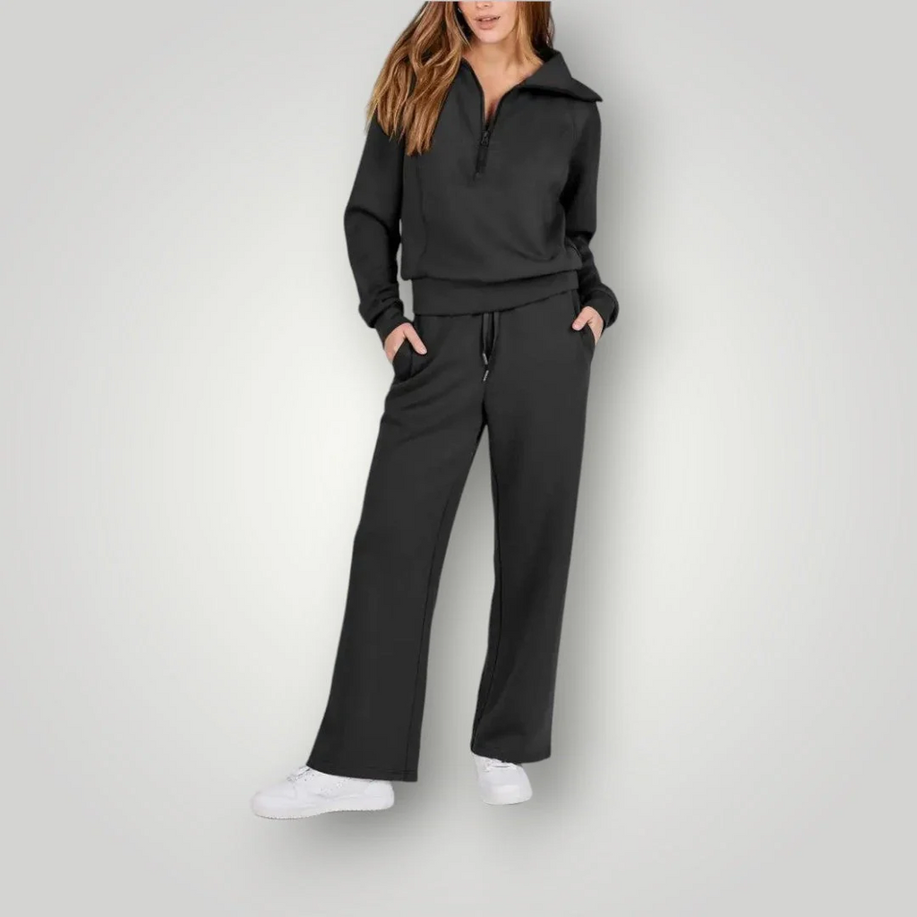 Tweedelige set met ritssluiting en wijde broek voor dames in zwart