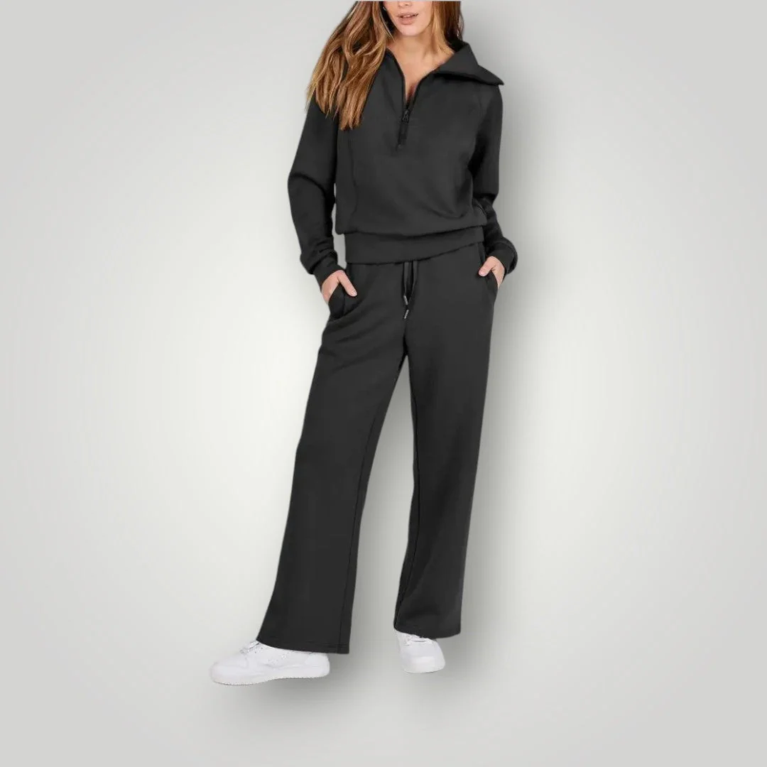 Tweedelige set met ritssluiting en wijde broek voor dames in zwart