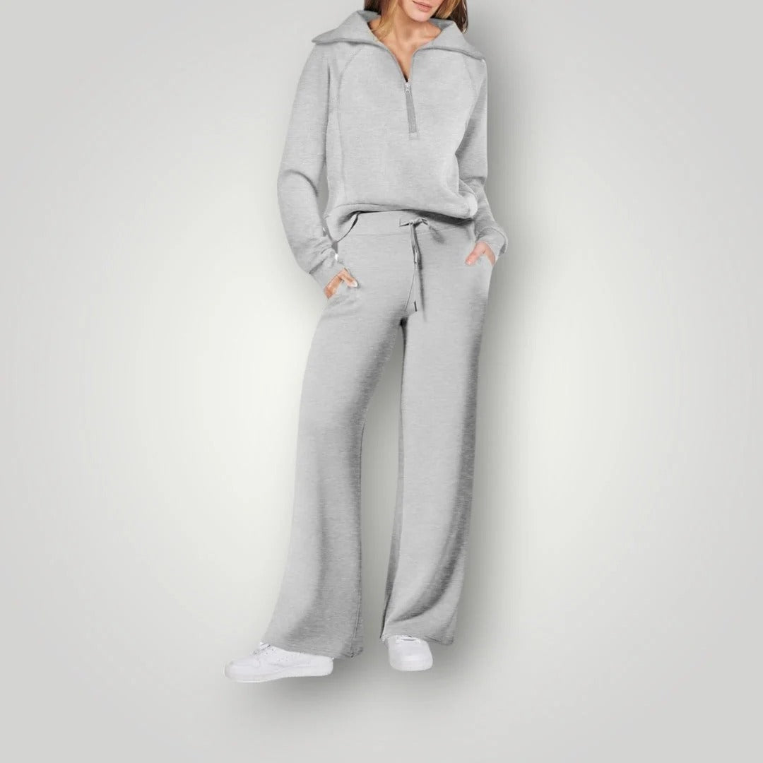 Tweedelige set met ritssluiting en wijde broek voor dames in lichtgrijs