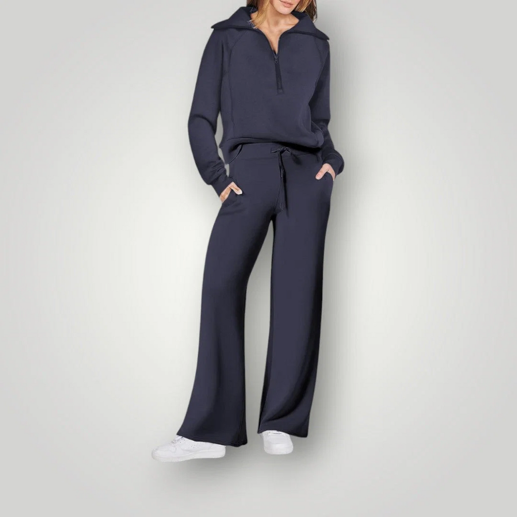 Tweedelige set met ritssluiting en wijde broek voor dames in donkerblauw