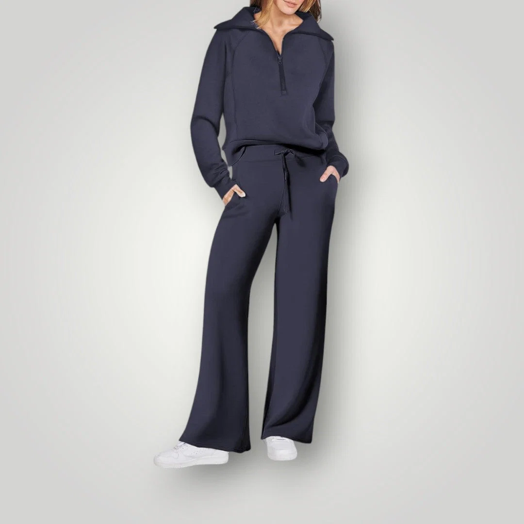 Tweedelige set met ritssluiting en wijde broek voor dames in donkerblauw