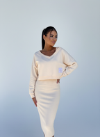 Tweedelige set met off-shoulder top en midi rok voor dames