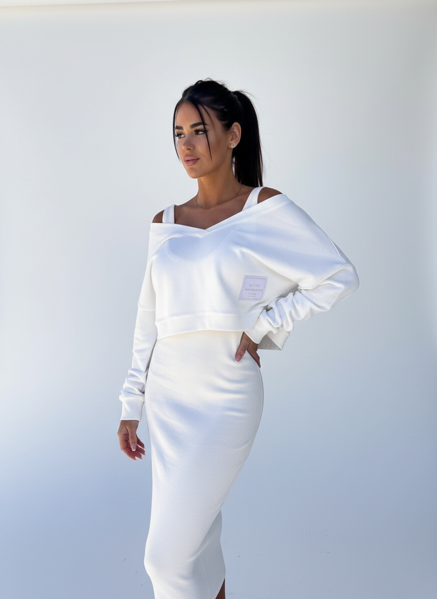 Tweedelige set met off-shoulder top en midi rok voor dames in wit
