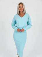 Tweedelige set met off-shoulder top en midi rok voor dames in turquoise