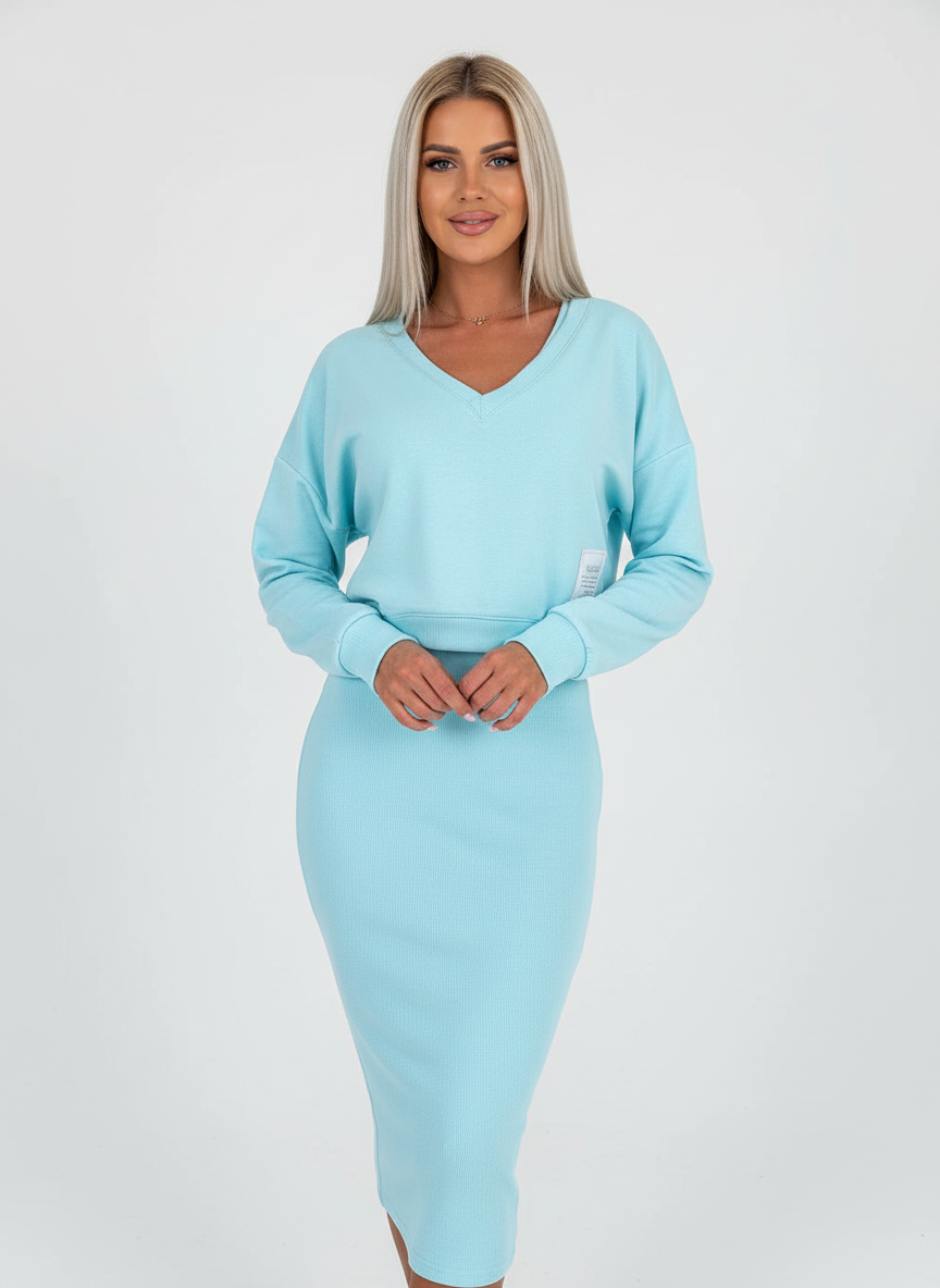 Tweedelige set met off-shoulder top en midi rok voor dames in turquoise