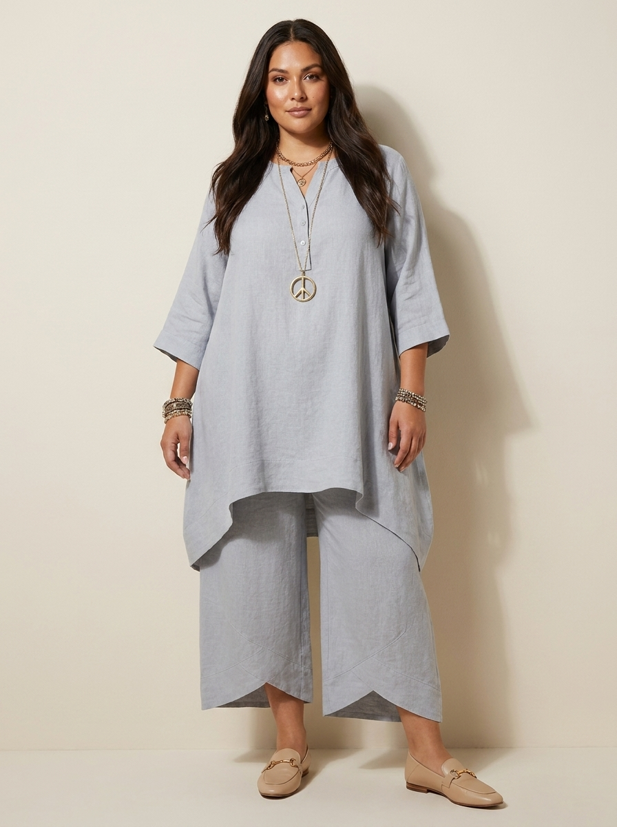 Tweedelige set met tuniek en losse broek voor dames in beige
