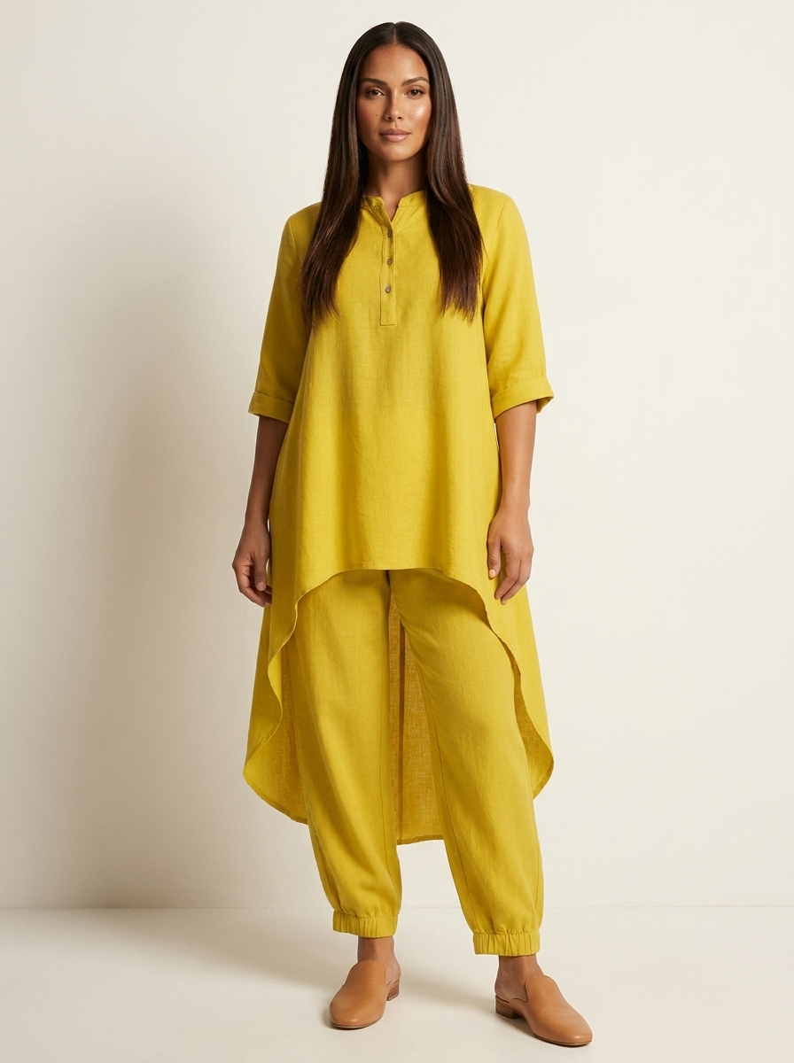 Tweedelige set met tuniek en losse broek voor dames in geel