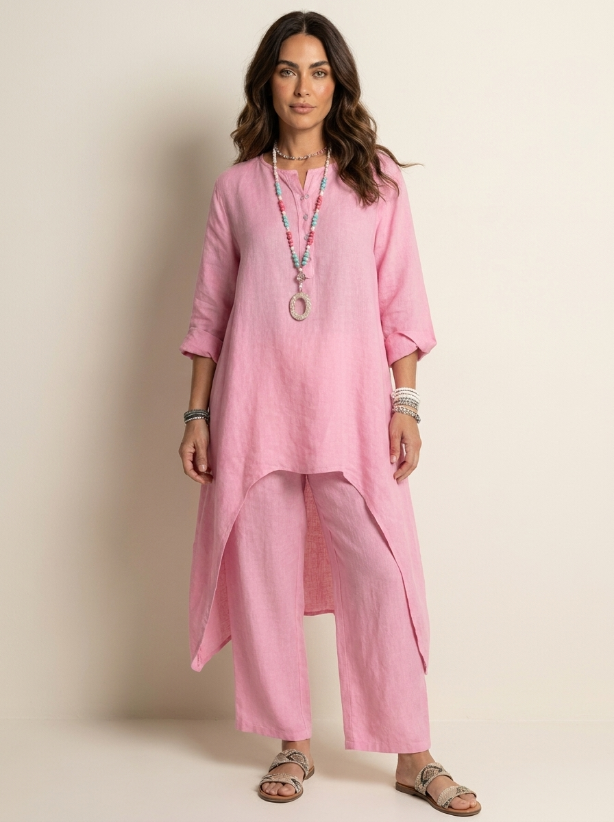 Tweedelige set met tuniek en losse broek voor dames in roze