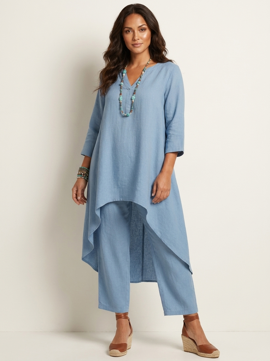 Tweedelige set met tuniek en losse broek voor dames in blauw