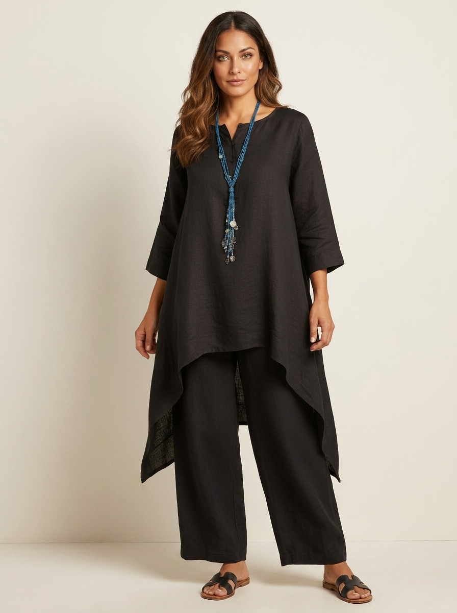 Tweedelige set met tuniek en losse broek voor dames in zwart