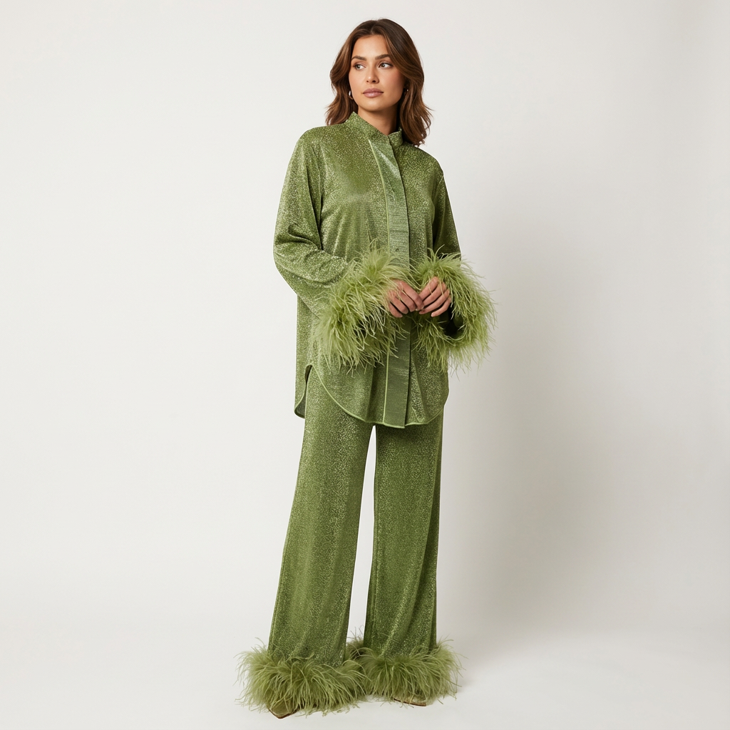 Two-piece set met verenaccenten voor dames in groen