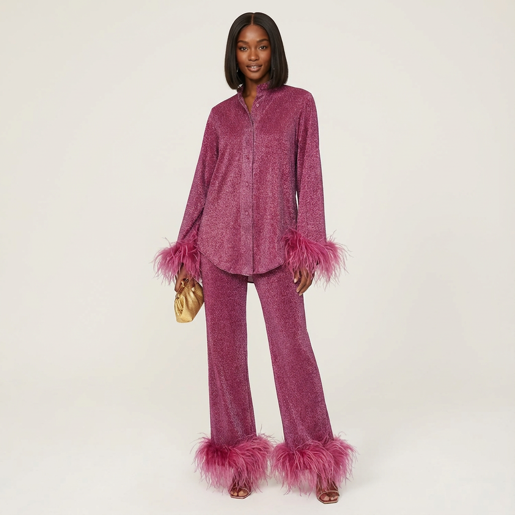 Two-piece set met verenaccenten voor dames in roze