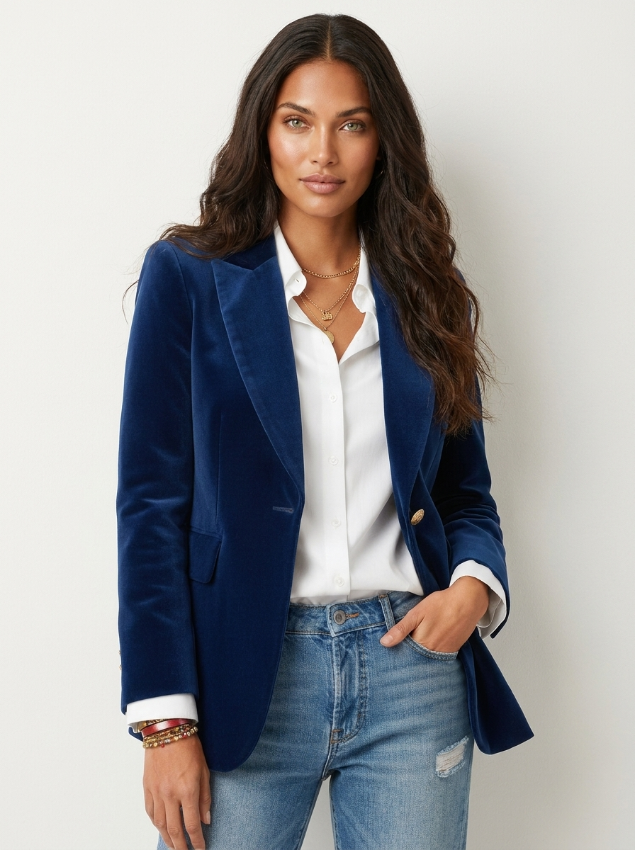 Velvet blazer met getailleerde pasvorm in blauw