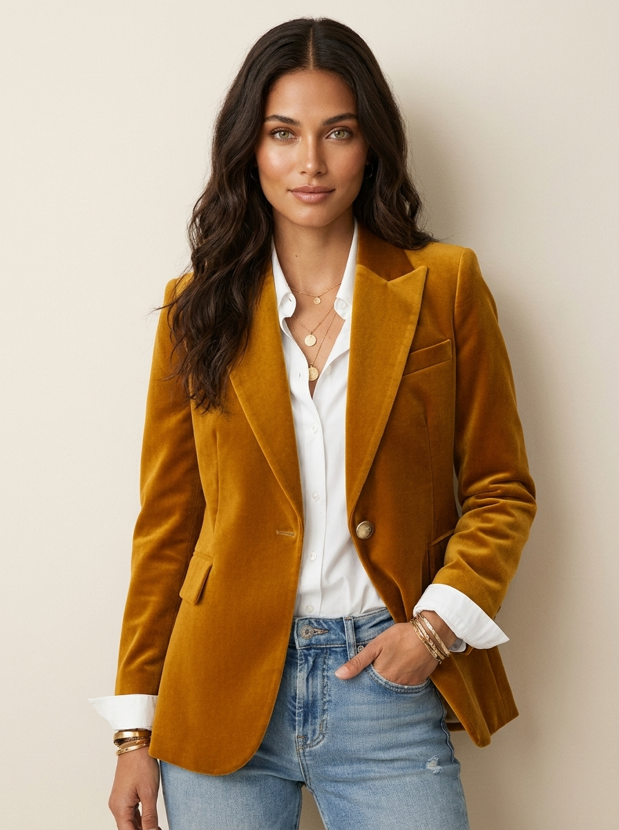 Velvet blazer met getailleerde pasvorm in geel