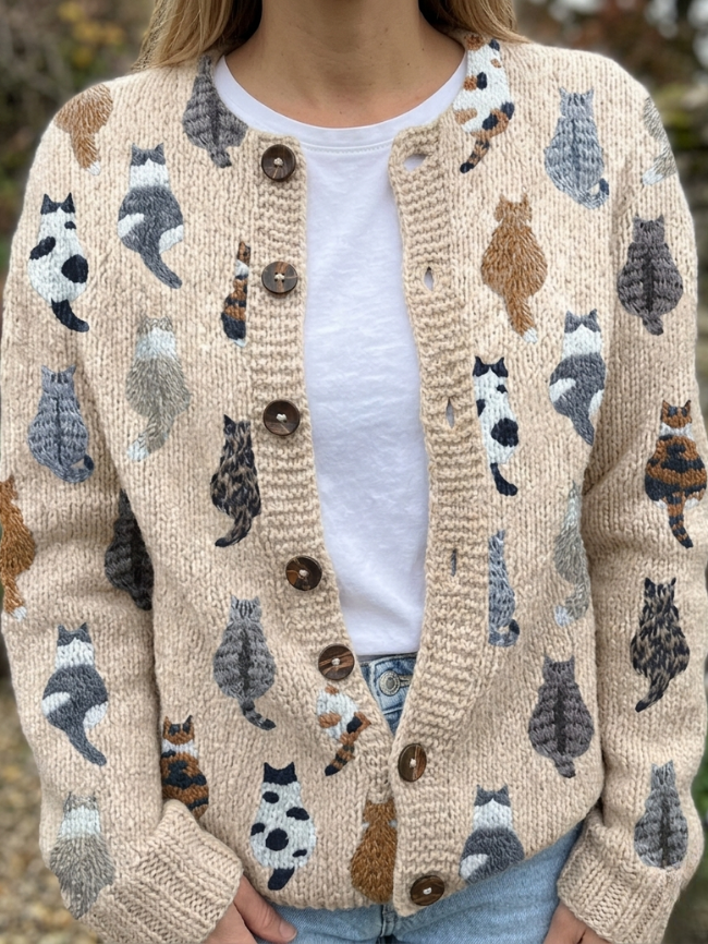 Vest met kattenprint en knopen in houtlook voor dames in beige