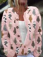 Vest met kattenprint en knopen in houtlook voor dames in roze