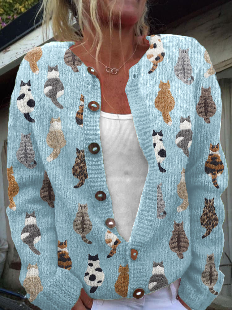 Vest met kattenprint en knopen in houtlook voor dames in blauw