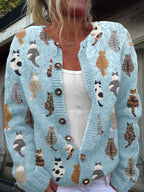 Vest met kattenprint en knopen in houtlook voor dames in blauw