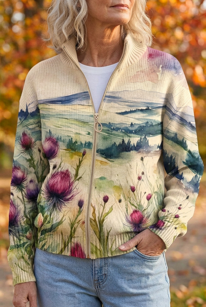 Vest met rits en aquarelprint in blauw en salie voor dames