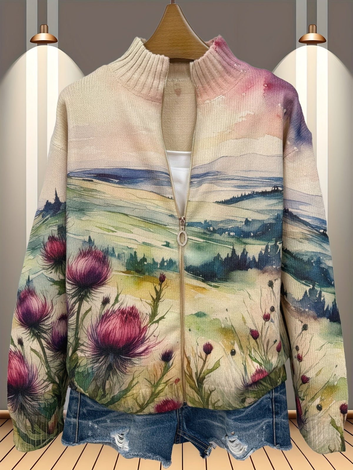 Vest met rits en aquarelprint in blauw en salie voor dames
