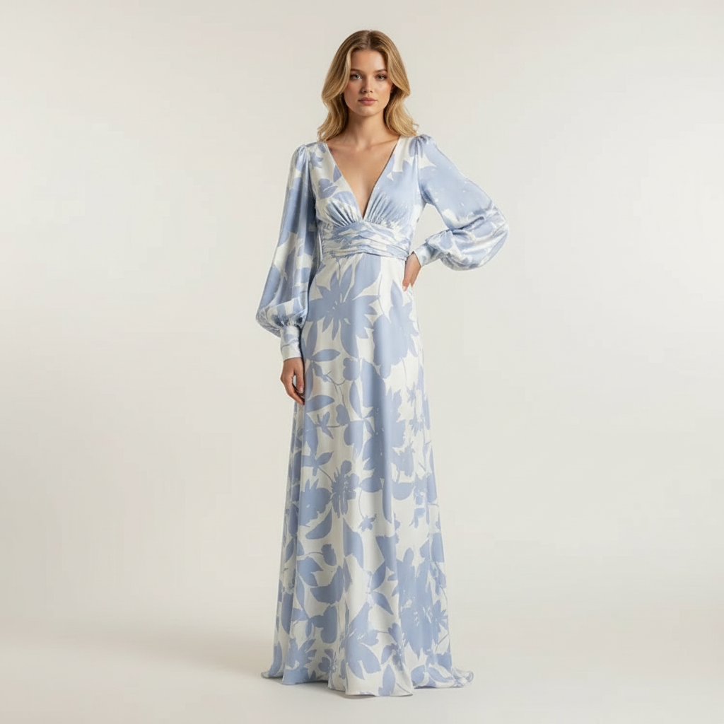 Vloeiende maxi jurk met V-hals en bloemenpatroon voor dames in blauw