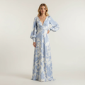 Vloeiende maxi jurk met V-hals en bloemenpatroon voor dames in blauw