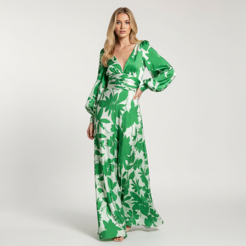 Vloeiende maxi jurk met V-hals en bloemenpatroon voor dames in groen