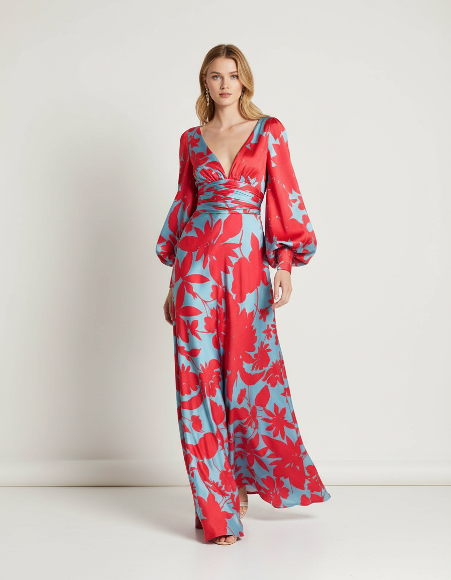 Vloeiende maxi jurk met V-hals en bloemenpatroon voor dames in roze