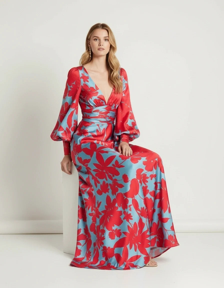 Vloeiende maxi jurk met V-hals en bloemenpatroon voor dames