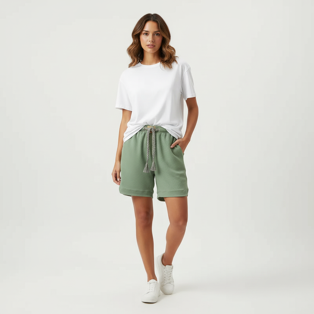 Waffle knit short met elastische tailleband voor dames in groen