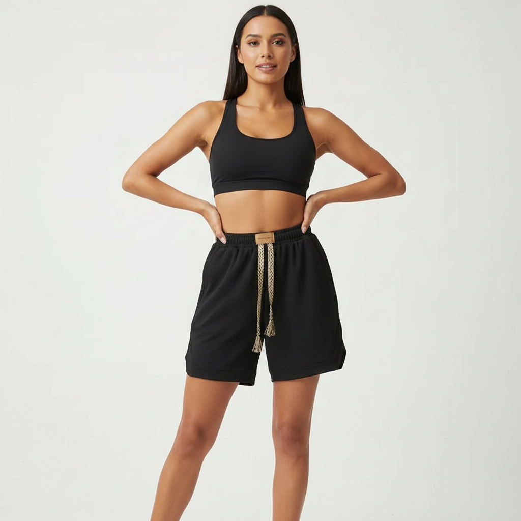 Waffle knit short met elastische tailleband voor dames in zwart