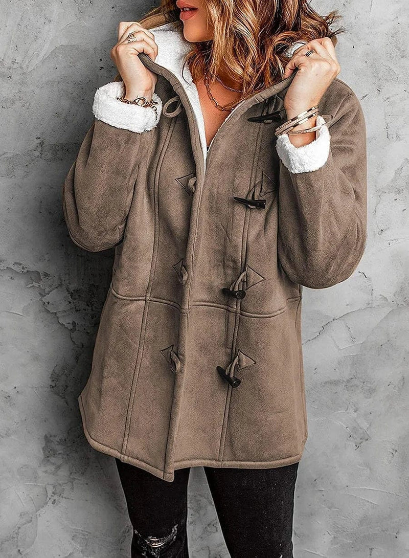 Warme winterjas met capuchon en ruime pasvorm voor dames in khaki