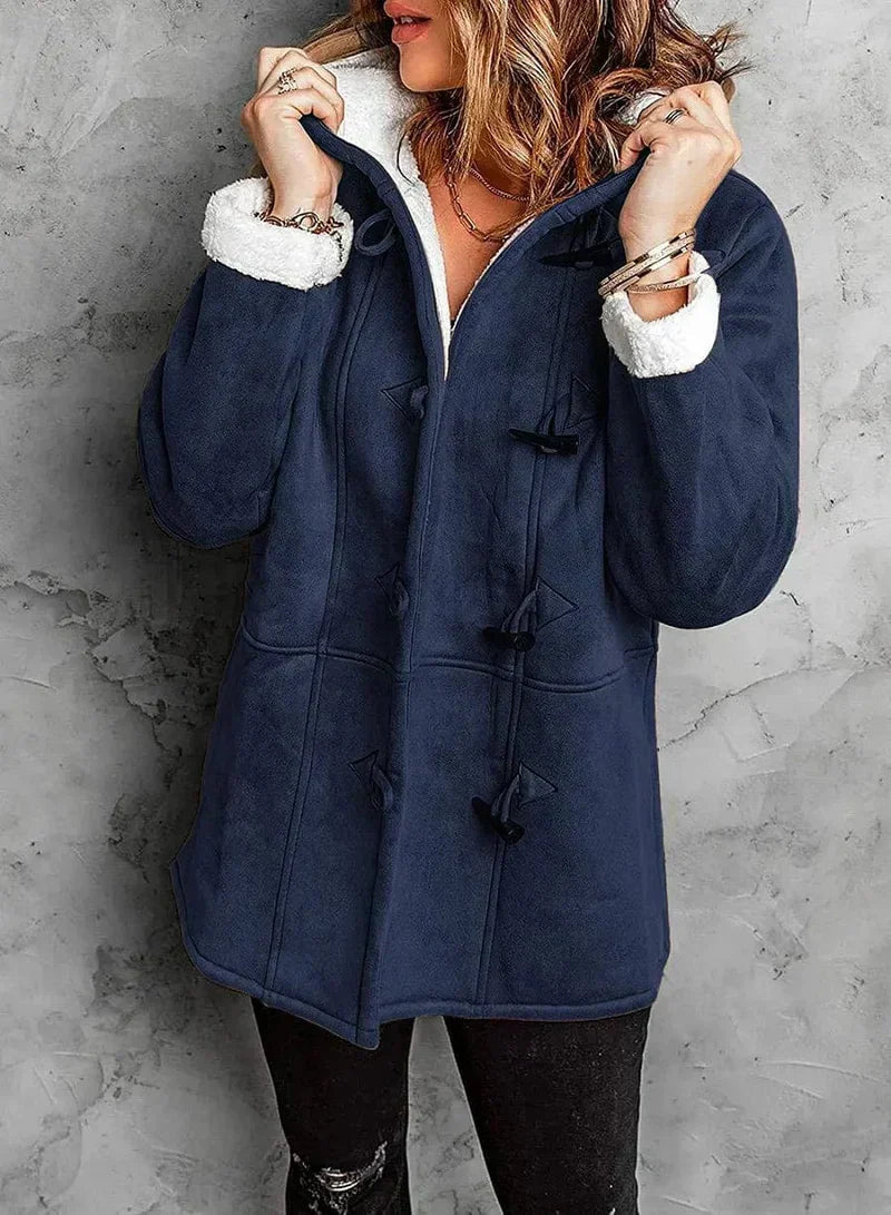 Warme winterjas met capuchon en ruime pasvorm voor dames in marineblauw