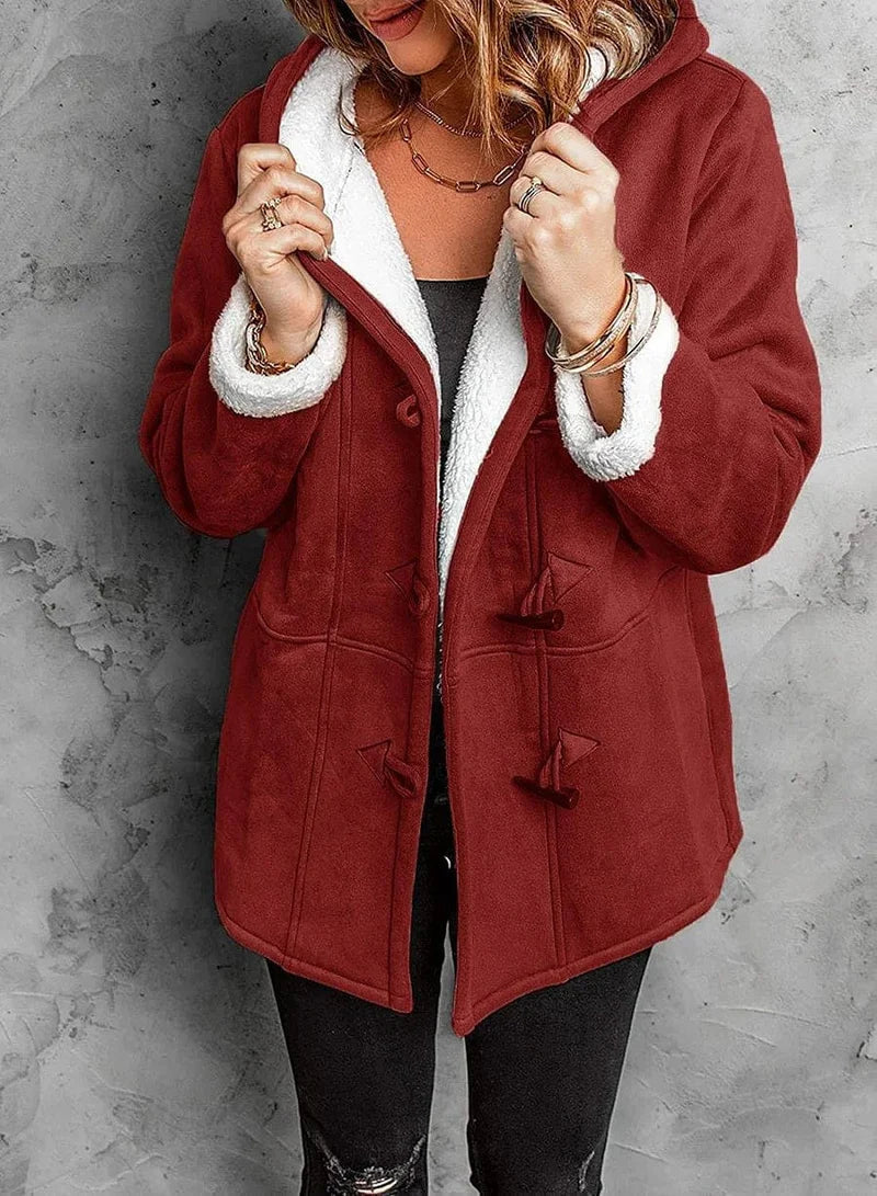 Warme winterjas met capuchon en ruime pasvorm voor dames in rood