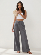 Wide leg broek met elastische taille en trekkoord in donkergrijs
