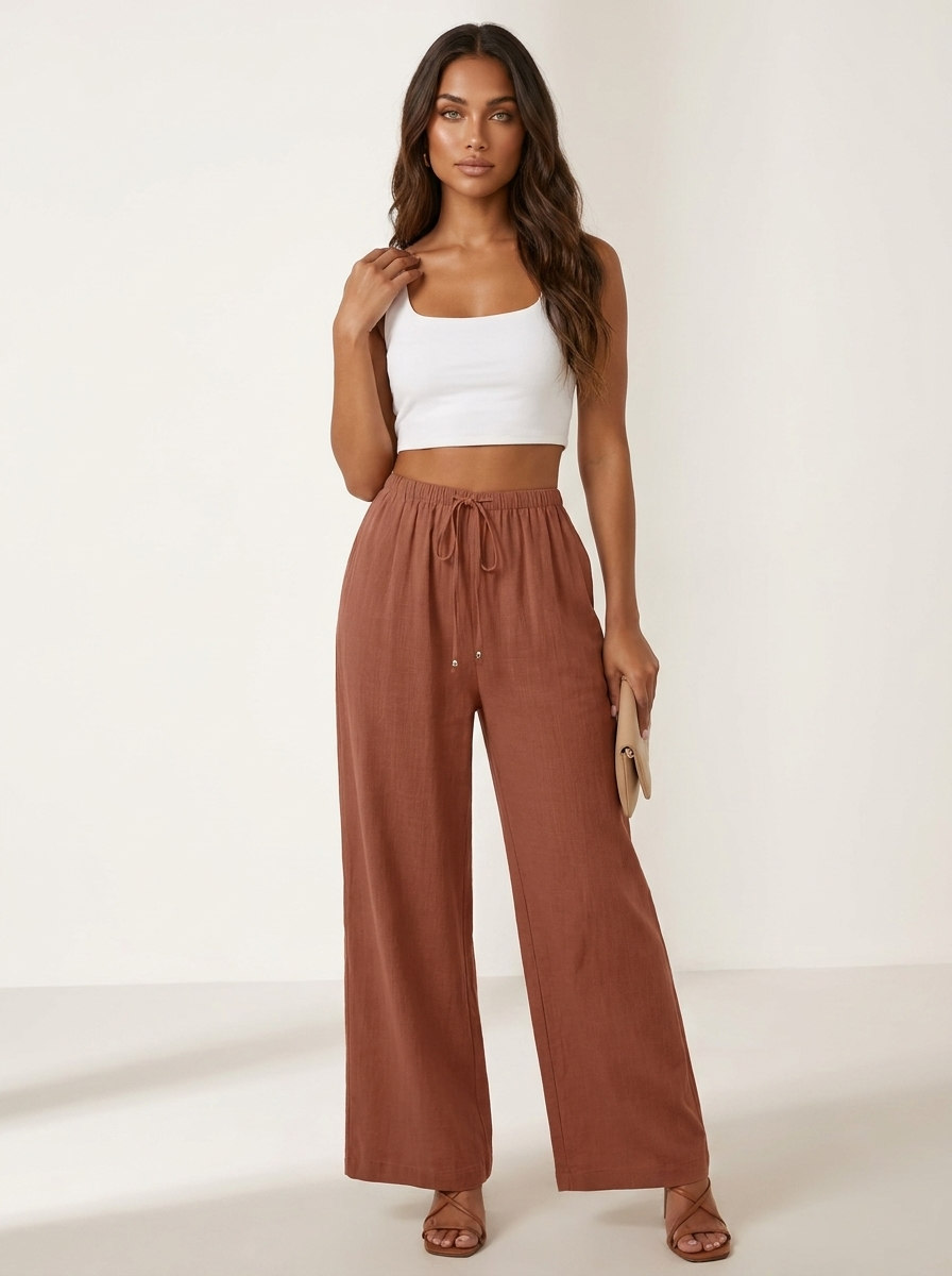 Wide leg broek met elastische taille en trekkoord in oranje